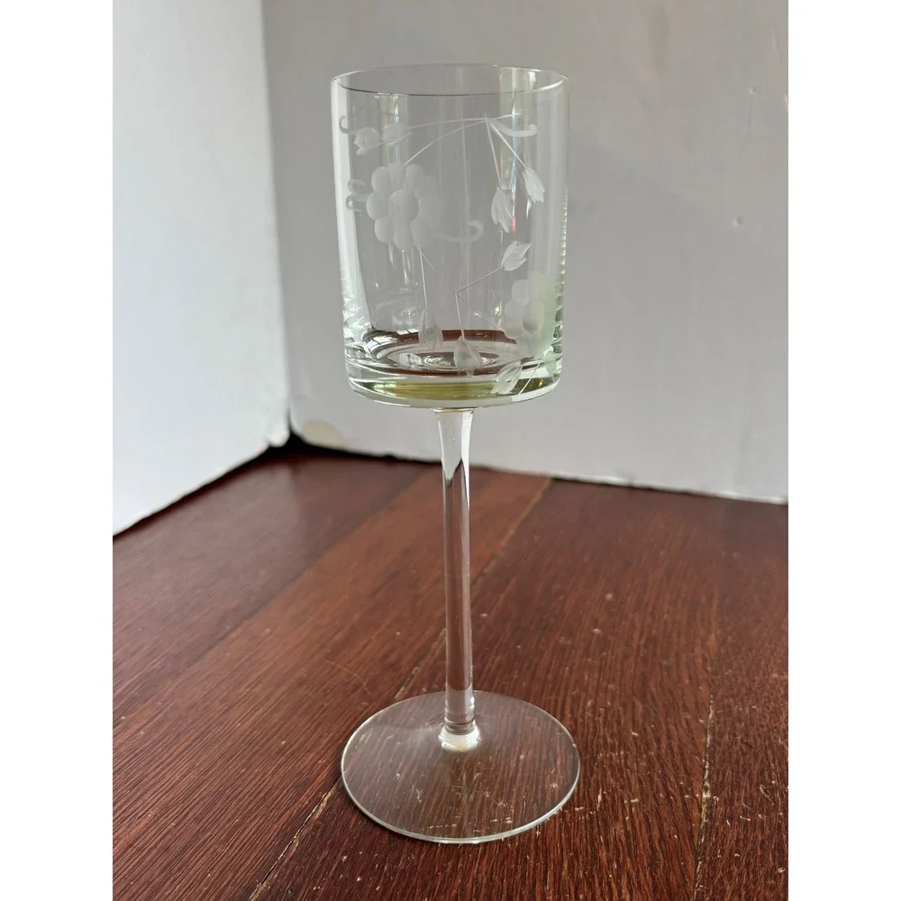 Vintage Etched Floral‎ Glass Cordial Stemware Long Stem Liqueur Aperitif Glass